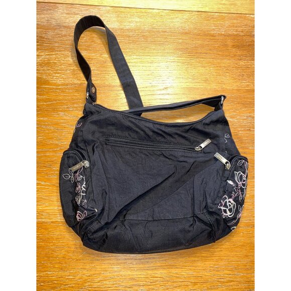 Black Floral Embroidered Shoulder Bag With Multiple Zipper Pockets & Adjustable - Picture 3 of 5